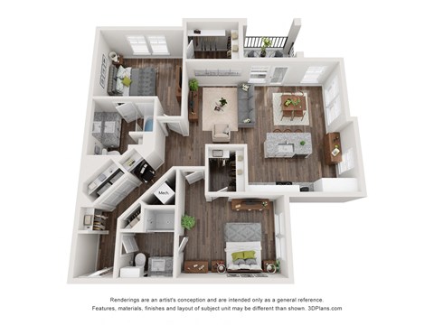 a 3d furnished floor plan of a 1 bedroom apartment